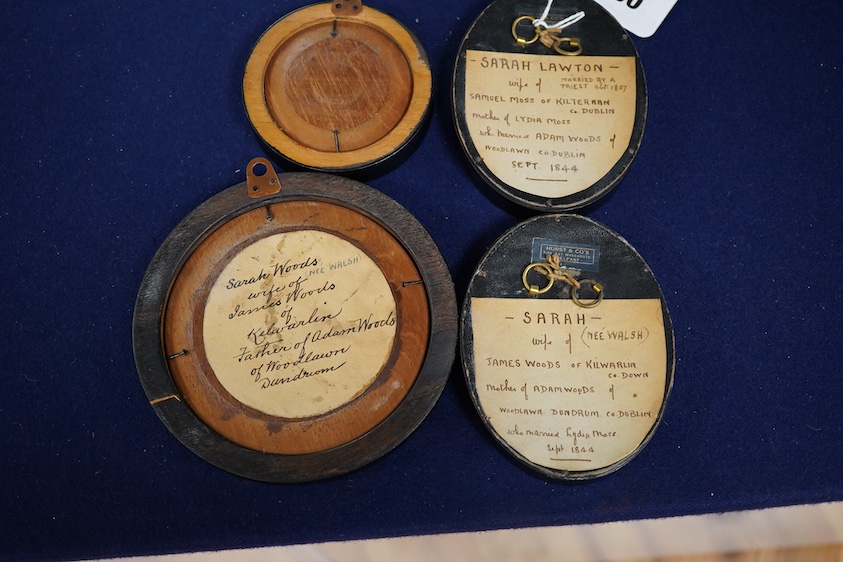 Four mid 19th century Irish hand painted silhouette portraits to include two of Sarah Woods, neé Walsh, wife of James Woods of Kilwarlin and one of Sarah Lawton, wife of Samuel Moss, largest 9.5 x 6.5cm, each framed